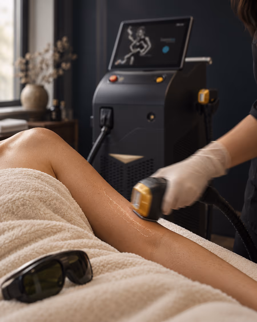 Laser-Behandlung am Bein, die Schutzbrille liegt bereit